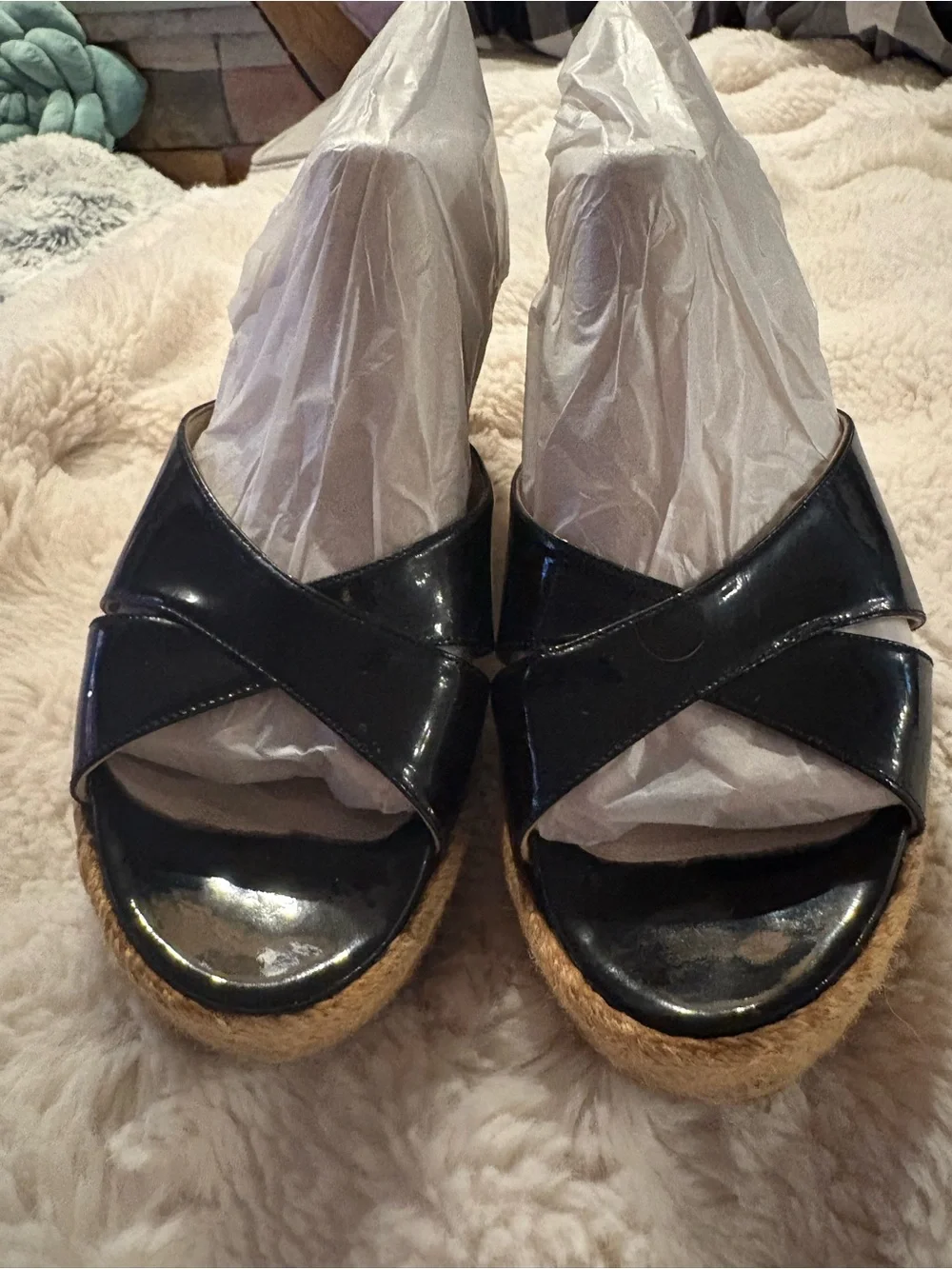 Jimmy Choo Black Patent Leather Espadrille Platform Wedge Slide Sandals EU 36